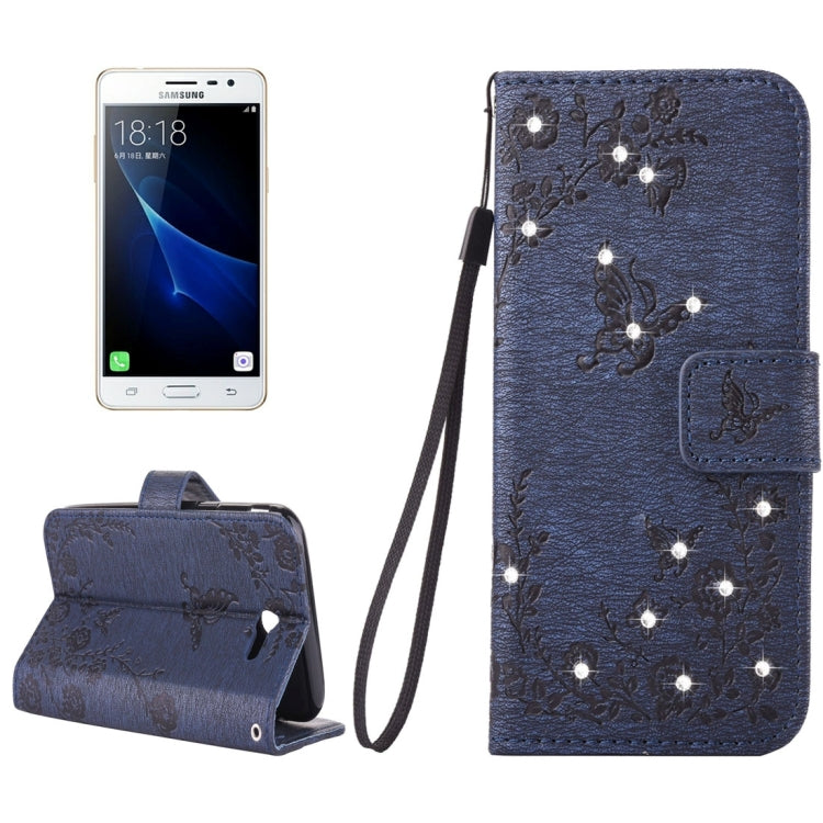 For Galaxy J3 (2017) (US Version) Diamante Butteryfly Pressed Flowers Pattern Horizontal Flip Leather Case with Holder & Card Slots & Wallet & Lanyard