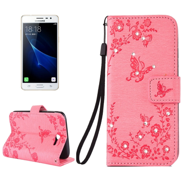 For Galaxy J3 (2017) (US Version) Diamante Butteryfly Pressed Flowers Pattern Horizontal Flip Leather Case with Holder & Card Slots & Wallet & Lanyard