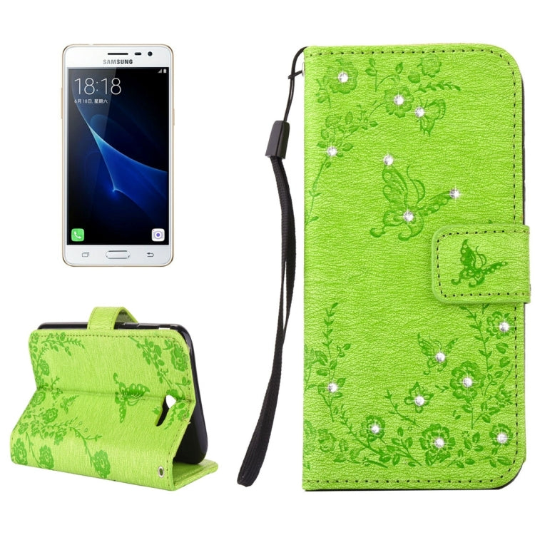 For Galaxy J3 (2017) (US Version) Diamante Butteryfly Pressed Flowers Pattern Horizontal Flip Leather Case with Holder & Card Slots & Wallet & Lanyard