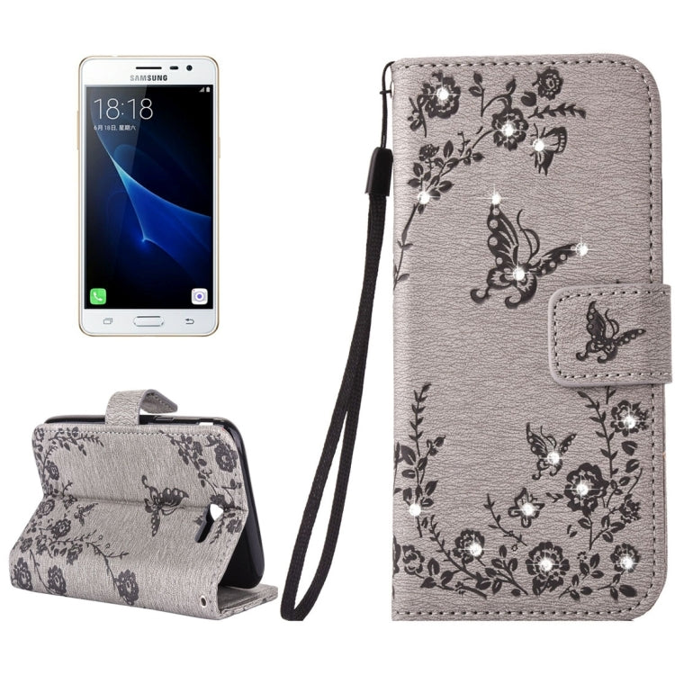 For Galaxy J3 (2017) (US Version) Diamante Butteryfly Pressed Flowers Pattern Horizontal Flip Leather Case with Holder & Card Slots & Wallet & Lanyard