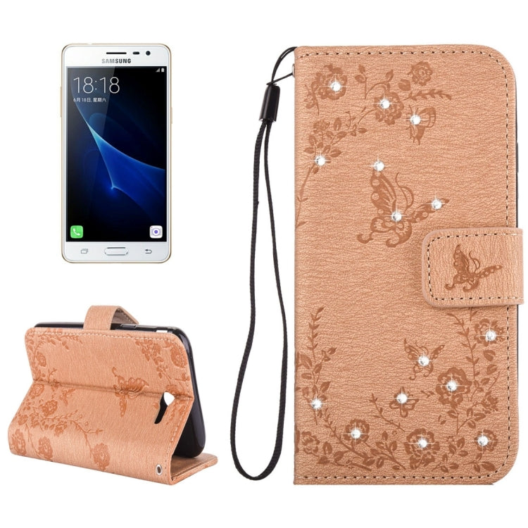 For Galaxy J3 (2017) (US Version) Diamante Butteryfly Pressed Flowers Pattern Horizontal Flip Leather Case with Holder & Card Slots & Wallet & Lanyard
