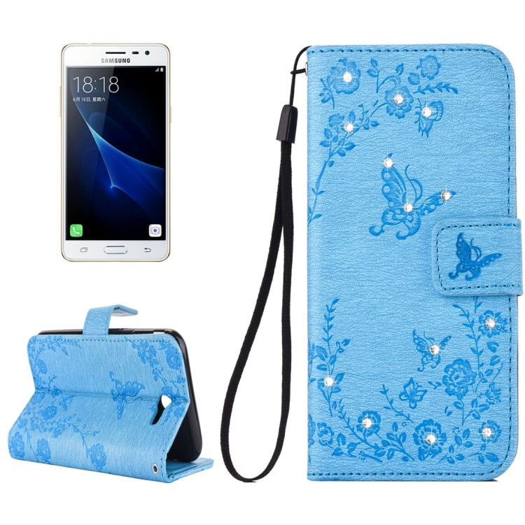 For Galaxy J3 (2017) (US Version) Diamante Butteryfly Pressed Flowers Pattern Horizontal Flip Leather Case with Holder & Card Slots & Wallet & Lanyard