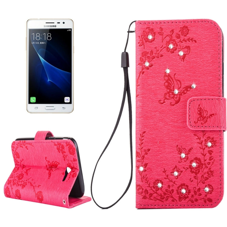 For Galaxy J3 (2017) (US Version) Diamante Butteryfly Pressed Flowers Pattern Horizontal Flip Leather Case with Holder & Card Slots & Wallet & Lanyard