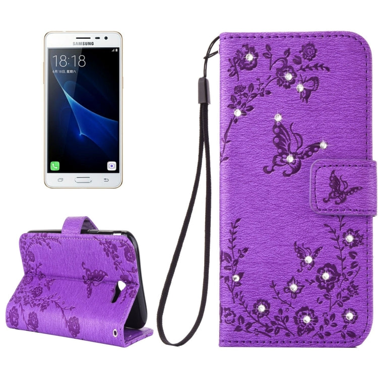 For Galaxy J3 (2017) (US Version) Diamante Butteryfly Pressed Flowers Pattern Horizontal Flip Leather Case with Holder & Card Slots & Wallet & Lanyard