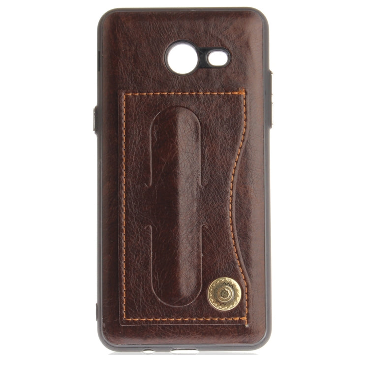 For Galaxy J5 (2017) (US Version) TPU + Leather Pasted Litchi Texture Protective Back Case with Holder & Card Slots