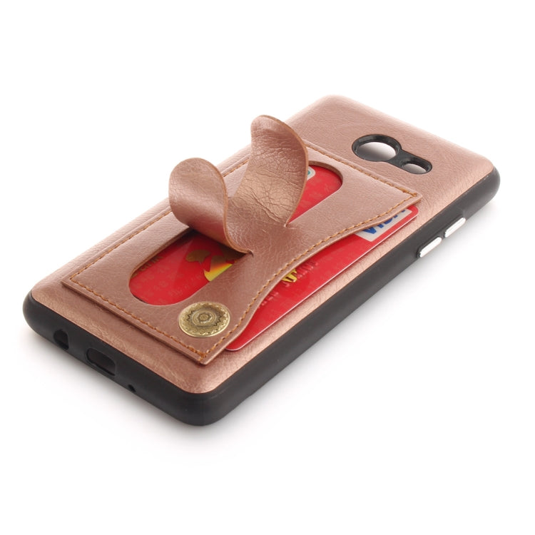 For Galaxy J5 (2017) (US Version) TPU + Leather Pasted Litchi Texture Protective Back Case with Holder & Card Slots