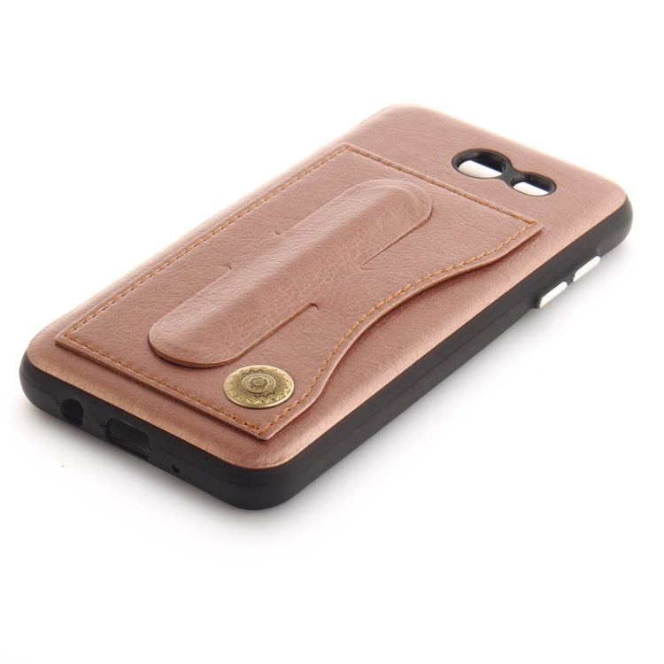 For Galaxy J3 (2016) / J320 ( US Version) TPU + Leather Pasted Litchi Texture Protective Back Case with Holder & Card Slots