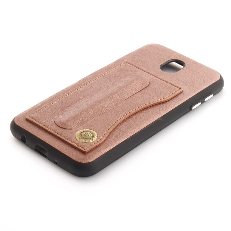 For Galaxy J5 (2017) / J530 (EU Version) TPU + Leather Pasted Litchi Texture Protective Back Case with Holder & Card Slots