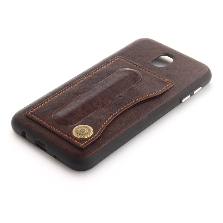 For Galaxy J7 (2017) / J730 (EU Version) TPU + Leather Pasted Litchi Texture Protective Back Case with Holder & Card Slots