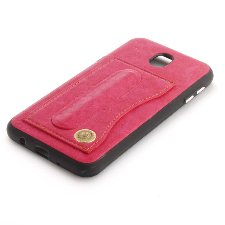 For Galaxy J7 (2017) / J730 (EU Version) TPU + Leather Pasted Litchi Texture Protective Back Case with Holder & Card Slots