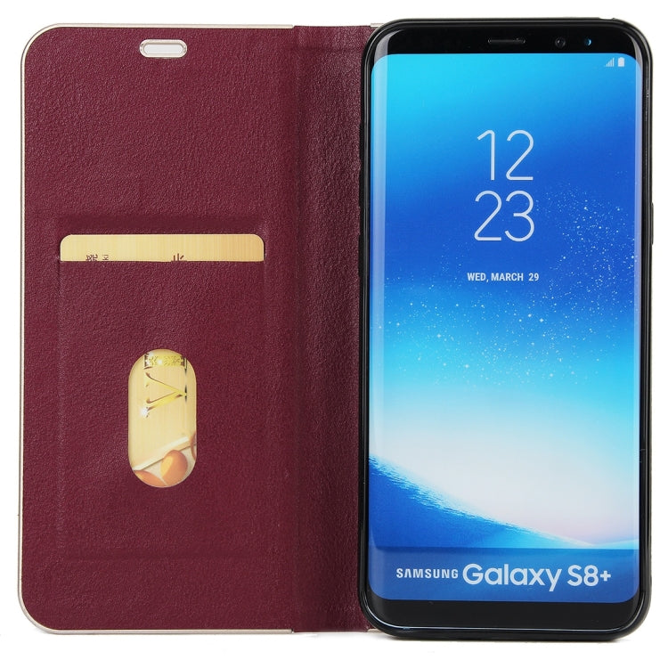 For Galaxy S8 + / G9550 Cowhide Texture PC Bumper Frame Strong Magnetic Adsorption Horizontal Flip Leather Case with Card Slots & Holder