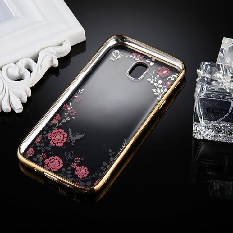 For Galaxy J3 (2017) (EU Version) Flowers Pattern Diamond Encrusted Electroplating Soft TPU Protective Cover Case