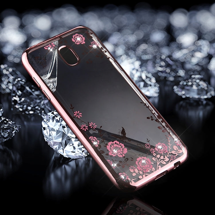 For Galaxy J3 (2017) (EU Version) Flowers Pattern Diamond Encrusted Electroplating Soft TPU Protective Cover Case