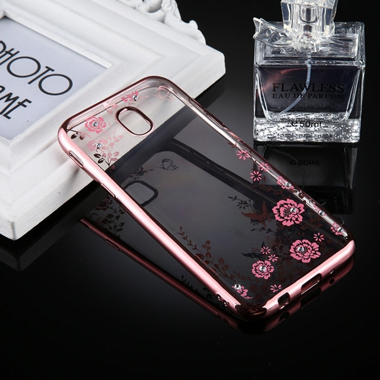 For Galaxy J3 (2017) (EU Version) Flowers Pattern Diamond Encrusted Electroplating Soft TPU Protective Cover Case