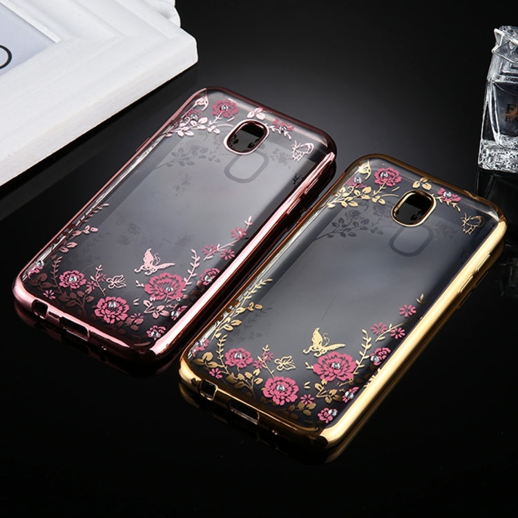 For Galaxy J3 (2017) (EU Version) Flowers Pattern Diamond Encrusted Electroplating Soft TPU Protective Cover Case