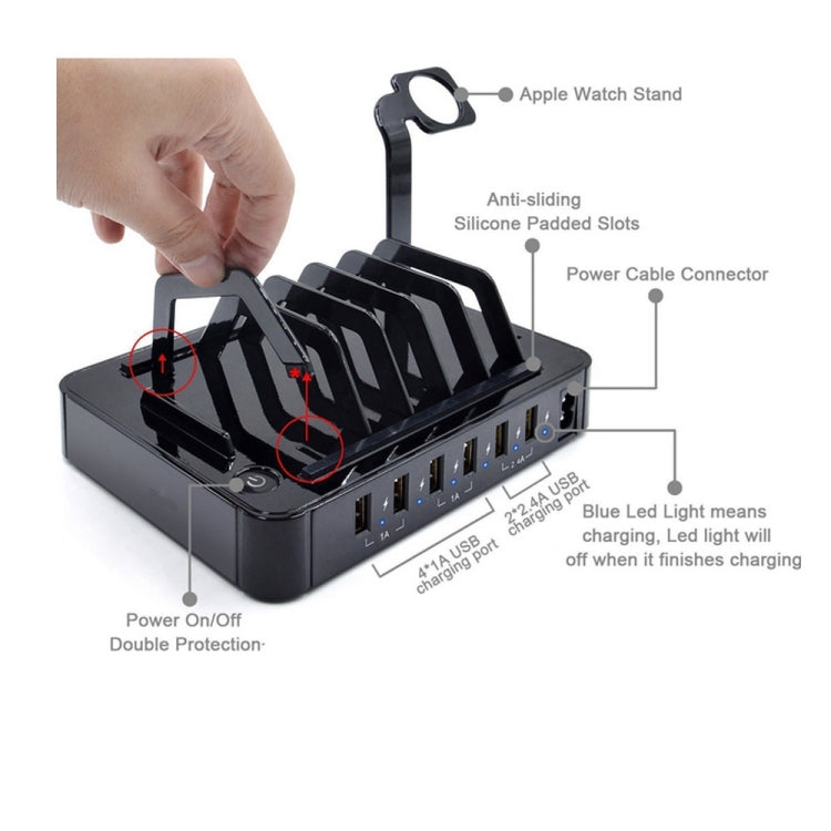 YM-UD03(8.8A) 50W 6-Port USB Charging Dock Docking Station, For iPhone, iWatch, iPad, Galaxy, Tablets(Black)