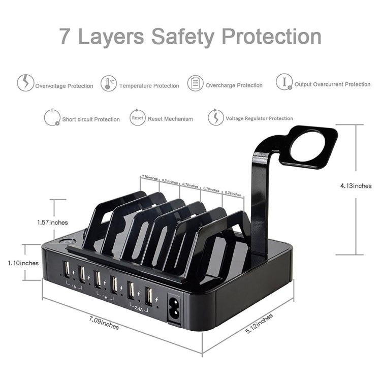 YM-UD03(8.8A) 50W 6-Port USB Charging Dock Docking Station, For iPhone, iWatch, iPad, Galaxy, Tablets(Black)