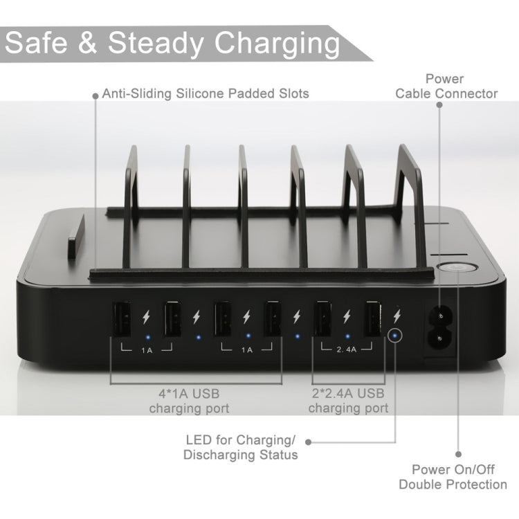 YM-UD03(8.8A) 50W 6-Port USB Charging Dock Docking Station, For iPhone, iWatch, iPad, Galaxy, Tablets(Black)