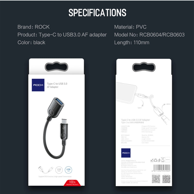 ROCK Type-C to USB 3.0 PVC Adapter Cable, Length: 1.1m for Samsung Galaxy S8 & S8 + / LG G6 / Huawei P10 & P10 Plus / Oneplus 5 and other Smartphones