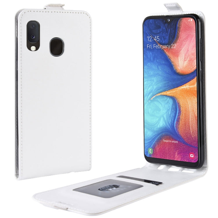 R64 Texture Vertical Flip Leather Case for Galaxy A20e , with Card Slots & Photo Frame