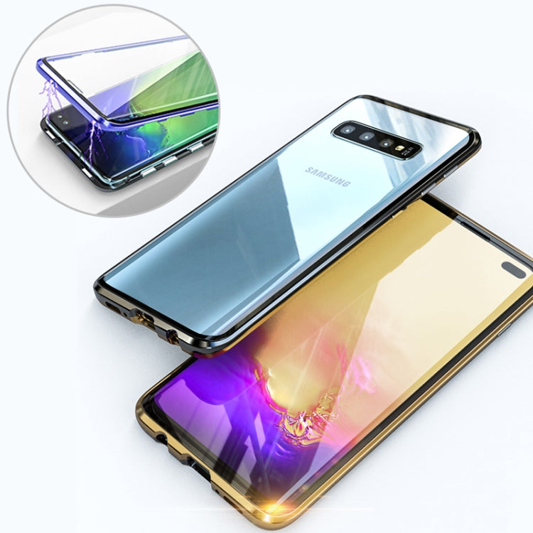 UltUltra Slim Double Sides Magnetic Adsorption Angular Frame Tempered Glass Magnet Flip Case for Galaxy S10, Screen Fingerprint Unlock Is Supported