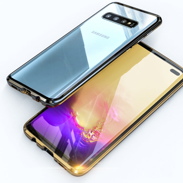 UltUltra Slim Double Sides Magnetic Adsorption Angular Frame Tempered Glass Magnet Flip Case for Galaxy S10, Screen Fingerprint Unlock Is Supported
