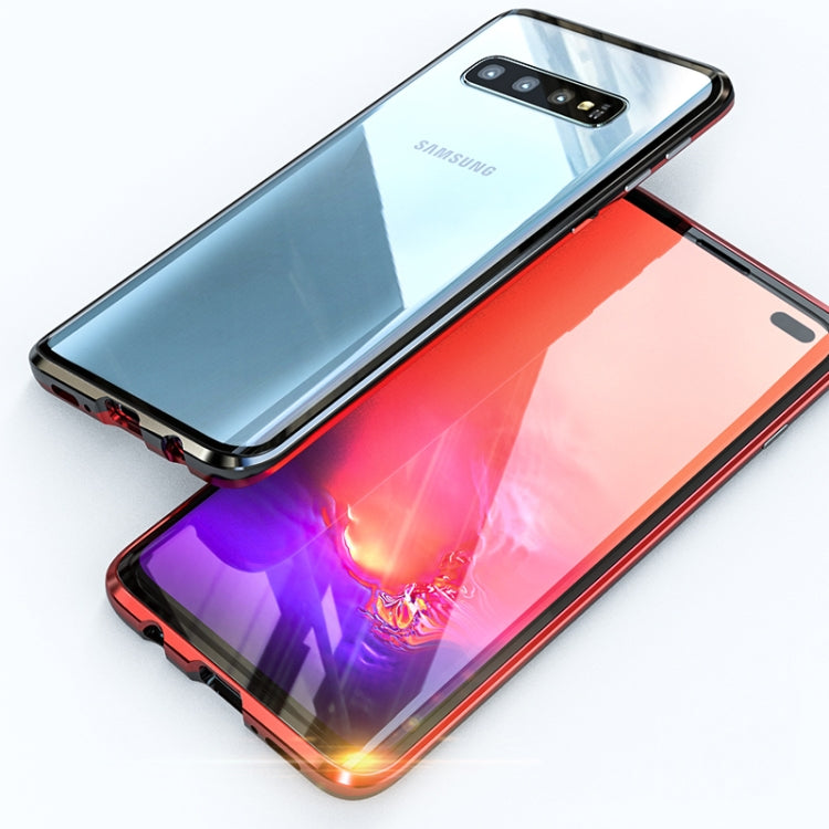 UltUltra Slim Double Sides Magnetic Adsorption Angular Frame Tempered Glass Magnet Flip Case for Galaxy S10, Screen Fingerprint Unlock Is Supported