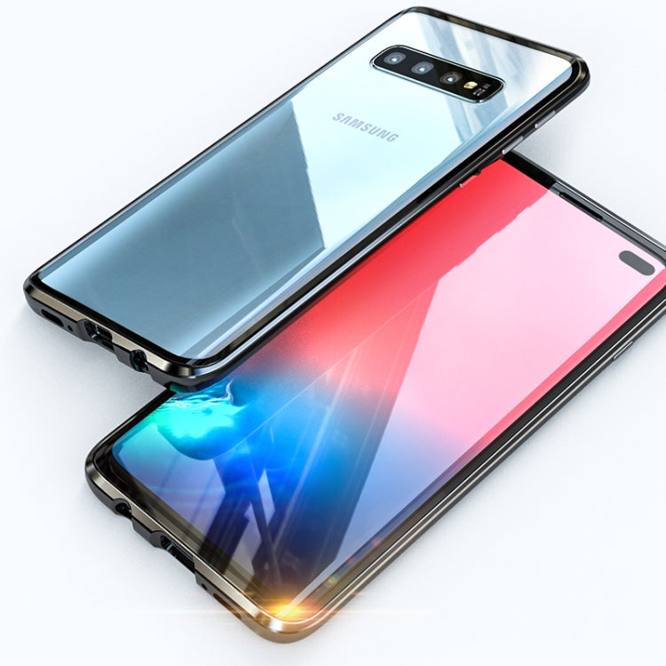 Ultra Slim Double Sides Magnetic Adsorption Angular Frame Tempered Glass Magnet Flip Case for Galaxy S10+, Screen Fingerprint Unlock Is Supported