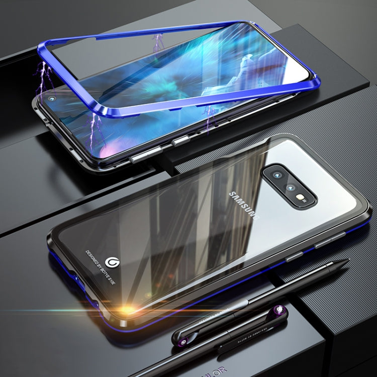 Ultra Slim Double Sides Magnetic Adsorption Angular Frame Tempered Glass Magnet Flip Case for Galaxy S10e, Screen Fingerprint Unlock Is Not Supported