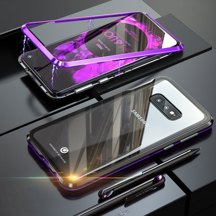 Ultra Slim Double Sides Magnetic Adsorption Angular Frame Tempered Glass Magnet Flip Case for Galaxy S10e, Screen Fingerprint Unlock Is Not Supported