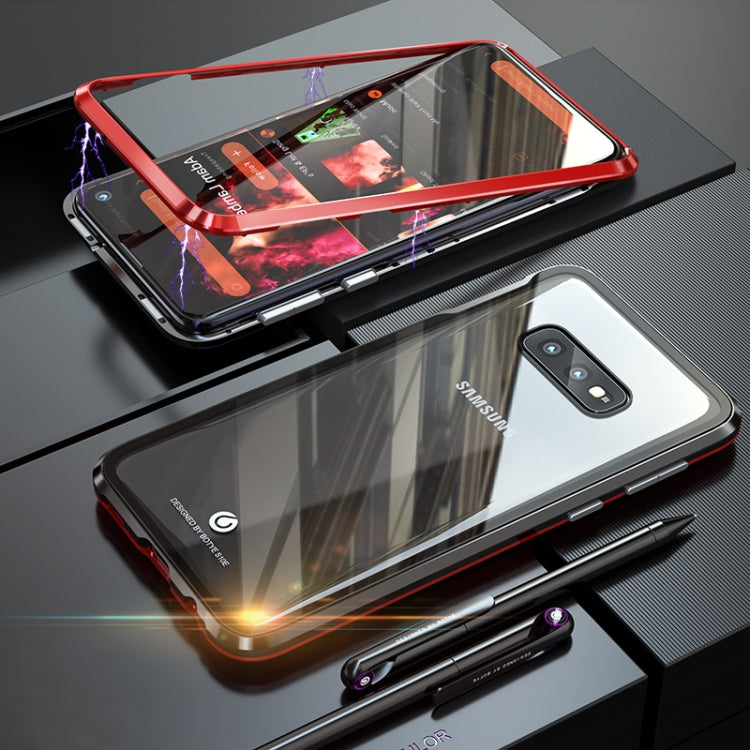 Ultra Slim Double Sides Magnetic Adsorption Angular Frame Tempered Glass Magnet Flip Case for Galaxy S10e, Screen Fingerprint Unlock Is Not Supported