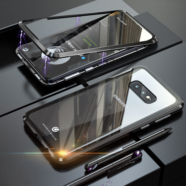 Ultra Slim Double Sides Magnetic Adsorption Angular Frame Tempered Glass Magnet Flip Case for Galaxy S10e, Screen Fingerprint Unlock Is Not Supported