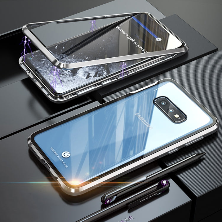 Ultra Slim Double Sides Magnetic Adsorption Angular Frame Tempered Glass Magnet Flip Case for Galaxy S10e, Screen Fingerprint Unlock Is Not Supported