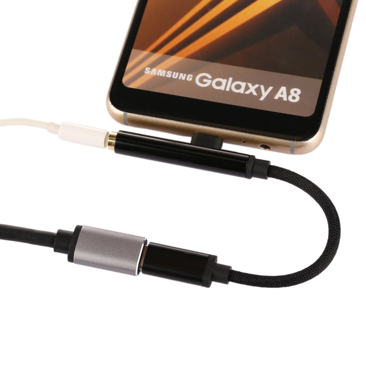 3 in 1 Type-C Male to 3.5mm Female Nylon Earphone Audio Adapter (Black)