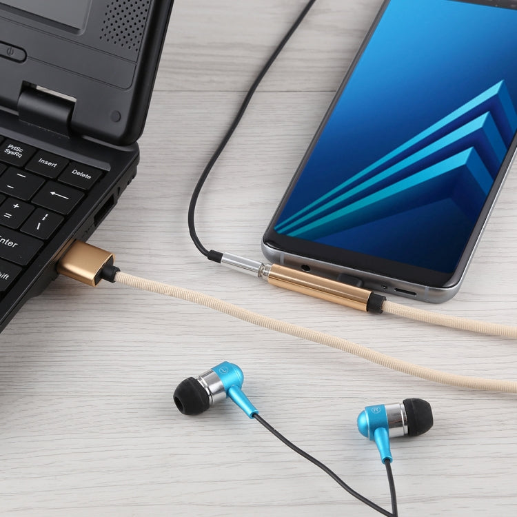 1m Type-C Male + USB to 3.5mm Female Cloth Earphone Audio Adapter Cable