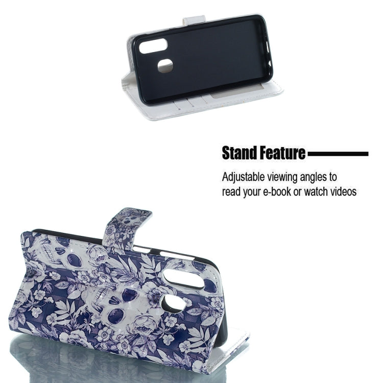 Skull and Flower Pattern 3D Horizontal Flip Leather Case for Galaxy A40, with Holder & Card Slots & Photo Frame & Wallet