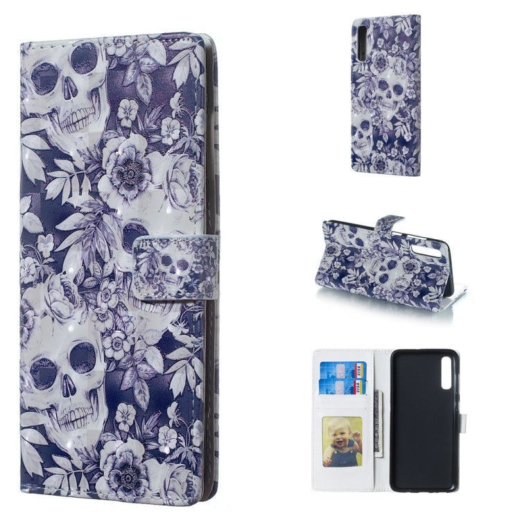 Skull and Flower Pattern 3D Horizontal Flip Leather Case for Galaxy A70, with Holder & Card Slots & Photo Frame & Wallet