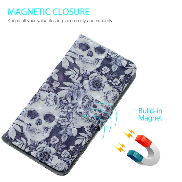 Skull and Flower Pattern 3D Horizontal Flip Leather Case for Galaxy A70, with Holder & Card Slots & Photo Frame & Wallet