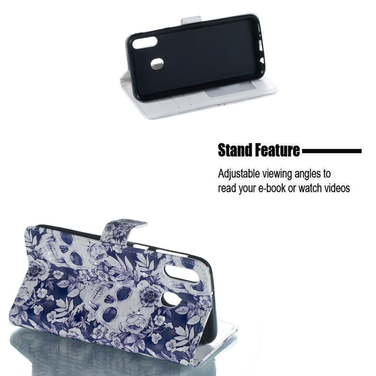 Skull and Flower Pattern 3D Horizontal Flip Leather Case for Galaxy M20, with Holder & Card Slots & Photo Frame & Wallet