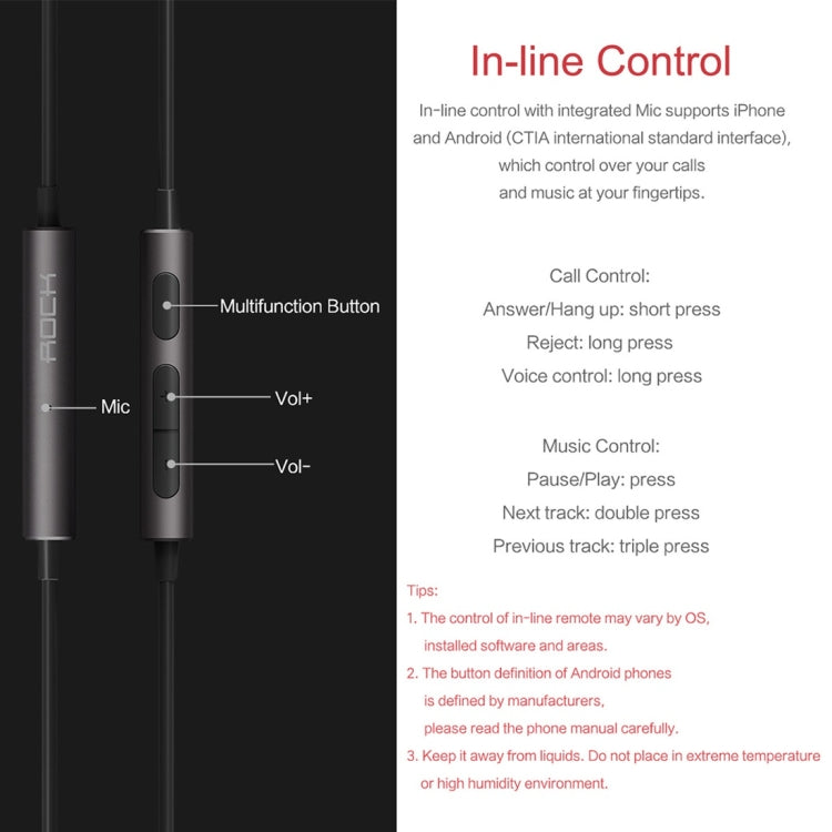 ROCK Mobuw 3.5mm In-ear Stereo Music Earphones with Mic & Line Control, For iPhone, Galaxy, Huawei, Xiaomi, LG, HTC and Other Smart