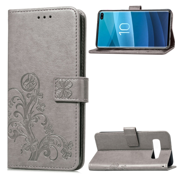 Lucky Clover Pressed Flowers Pattern Leather Case for Galaxy S10+, with Holder & Card Slots & Wallet & Hand Strap