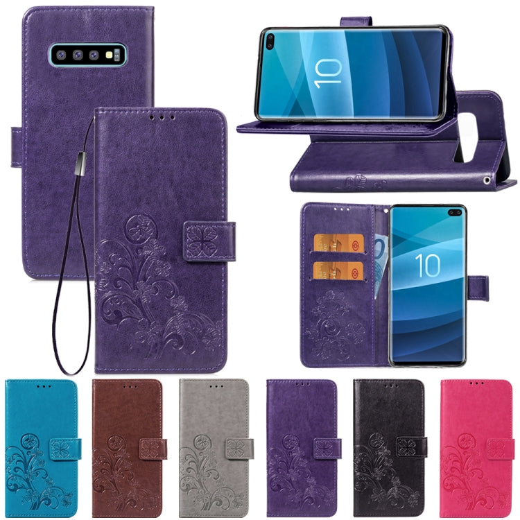 Lucky Clover Pressed Flowers Pattern Leather Case for Galaxy S10+, with Holder & Card Slots & Wallet & Hand Strap