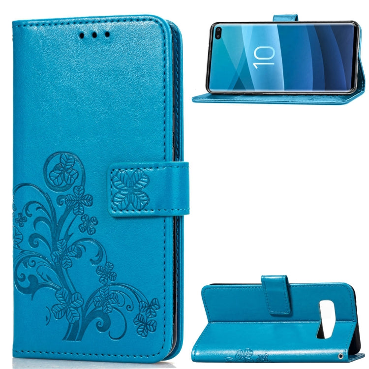 Lucky Clover Pressed Flowers Pattern Leather Case for Galaxy S10+, with Holder & Card Slots & Wallet & Hand Strap