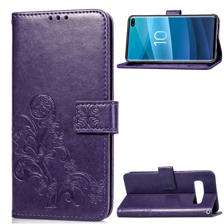 Lucky Clover Pressed Flowers Pattern Leather Case for Galaxy S10+, with Holder & Card Slots & Wallet & Hand Strap