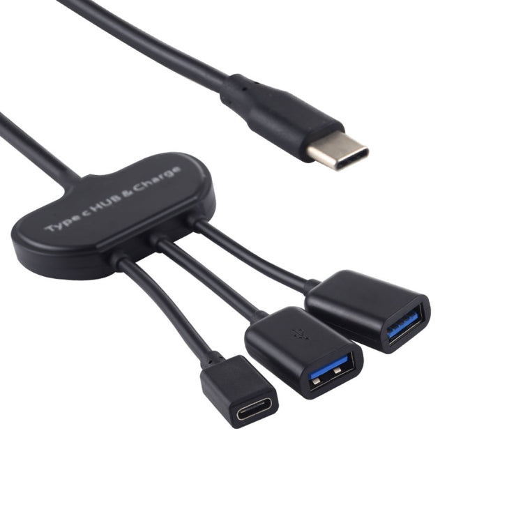 USB-C / Type-C Female + 2 x USB 3.0 Female to USB-C / Type-C Male HUB Charge Adapter (Black)