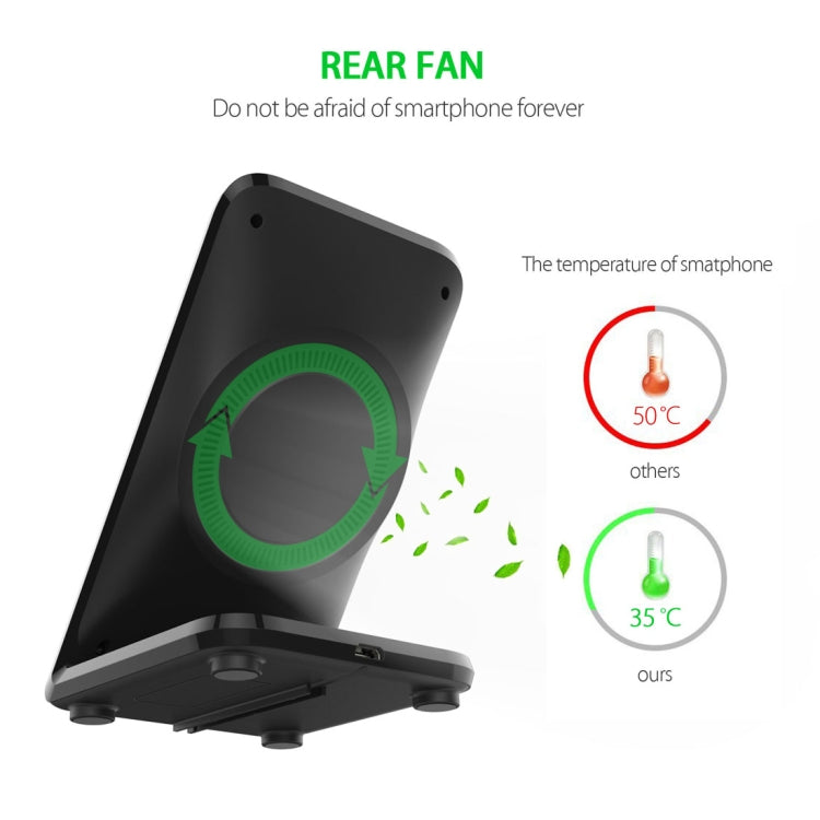 F18 Output 5V 1.2A Qi Standard Wireless Charger, PC+ABS Materials Two Coils Vertical Fast Wireless Charger with Fan, For iPhone, Galaxy, Huawei, Xiaomi, LG, HTC and Other Smart Phones