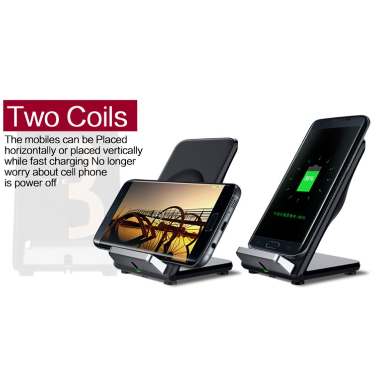 F18 Output 5V 1.2A Qi Standard Wireless Charger, PC+ABS Materials Two Coils Vertical Fast Wireless Charger with Fan, For iPhone, Galaxy, Huawei, Xiaomi, LG, HTC and Other Smart Phones