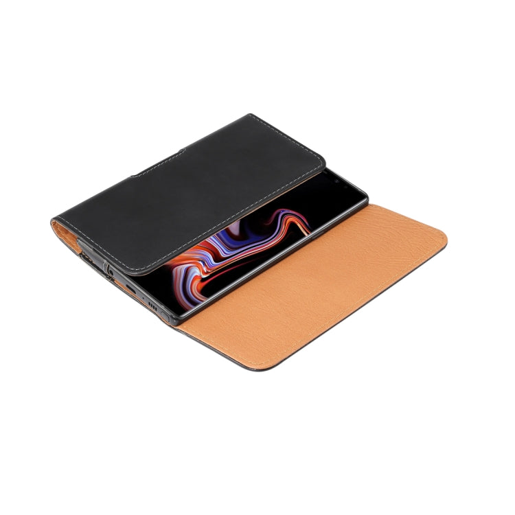 Men Glossy Texture Portable Mobile Phone Back Buckle Transverse Sleeve Waist Pack Leather Case for 6.3 Inch or Below Smartphones(Black)