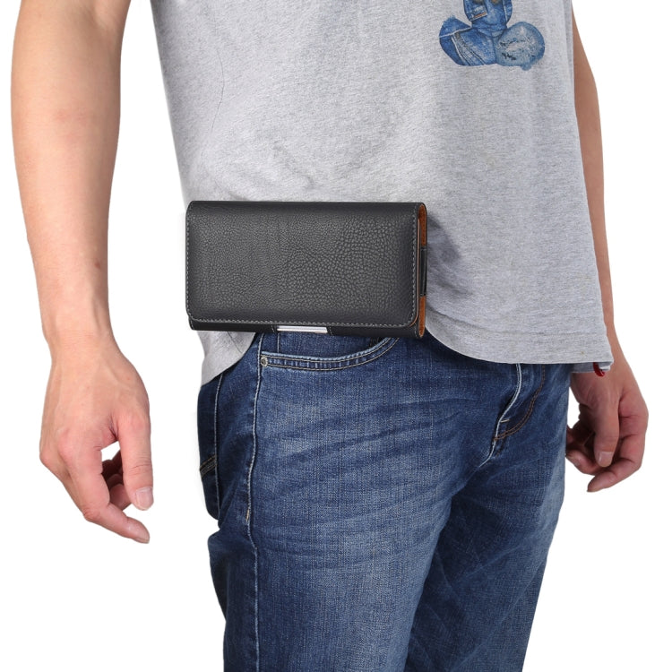 Men Litchi Texture Portable Mobile Phone Back Buckle Transverse Sleeve Waist Pack Leather Case for 6.3 Inch or Below Smartphones(Black)