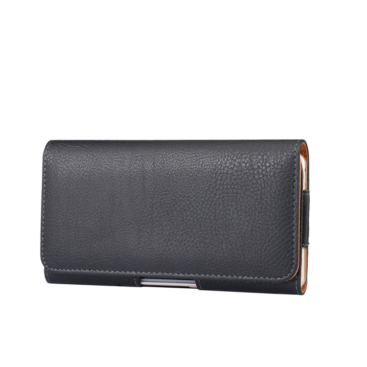 Men Litchi Texture Portable Mobile Phone Back Buckle Transverse Sleeve Waist Pack Leather Case for 6.3 Inch or Below Smartphones(Black)